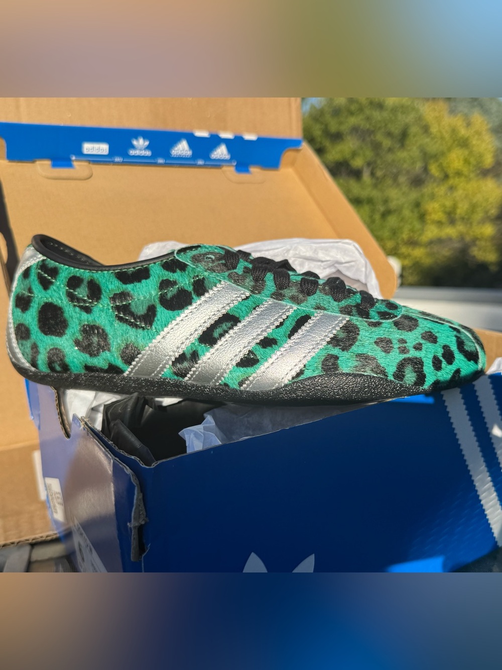 adidas Women’s Tokyo Teal Leopard Print Sneakers with Silver Stripes